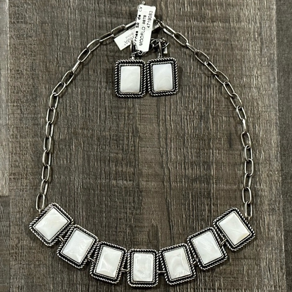 New White Stone & Silver Necklace & Earring Set